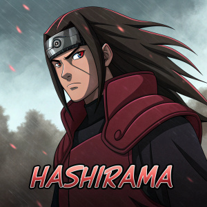 Digital artwork of Hashirama, from Naruto. Dark and dramatic mood. Character's name, Hashirama, displayed below. Illustration style is bold and vibrant