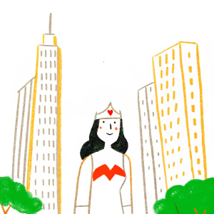 Digital illustration of Gal Gadot as Wonder Woman. She wears a white tiara. Long black hair, minimal makeup. She is in a modern urban setting, surrounded by skyscrapers.