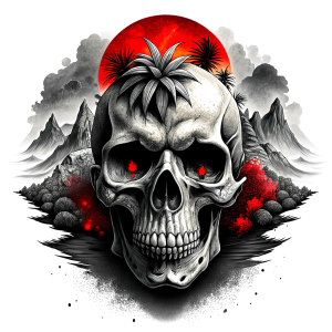 skull island tattoo design - perfect realistic art - high-definition - grey and black - white background 