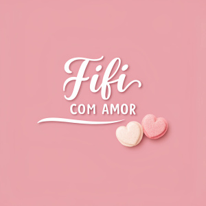 Fifi Com Amor logo design. White text on a pastel pink background. Fifi in elegant cursive script above, 'Com Amor' in smaller, delicate font below. Soft, feminine, playful aesthetic.