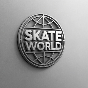 Cinema 4D logo for Skate World, modern graphic design featuring bold stylized text and circular layout. Grayscale color scheme with muted tones.