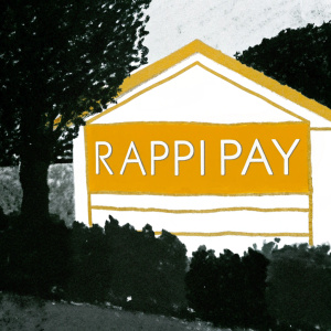 Logo design for Rappi Pay. Features a stylized minimalist house graphic. Muted color palette with warm orange hue. Clean and straightforward with focus on brand name.