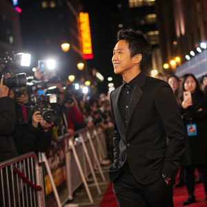 Deng Chao at the bustling New York City film premiere. Wearing a black suit and standing confidently amidst flashing cameras and excited fans.