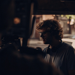 A candid shot of the actor from 'Brigsby Bear'. Curly hair, glasses, light blue t-shirt. Against a blurred cityscape background, soft lighting