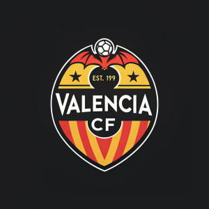 Digital illustration of Valencia CF logo, modern style, bold font, 'EST. 1919' text, vibrant color palette, detailed lines, black background