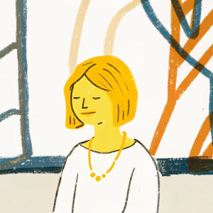Michelle Williams, featuring a serene expression and short blonde hair. Dressed in a simple white blouse, standing in front of an abstract graffiti wall.