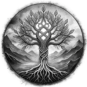 Nordic Mimir - Guard the Source of Tree Yggdrasilr high-definition design grey and black, realistic tattoo design, white background