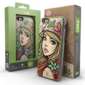 Image showcasing Case iLike product packaging. A graffiti inspired iPhone 6 Plus case with girl's face design. Green and brown packaging boxes with clear display windows for the case design.