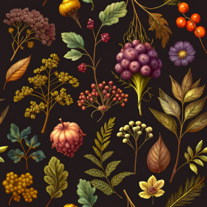 DARK BROWN  background botanic  , watercolor VINTAGE 
 image with dark brown   background , brown  VIBURNUM  , TUMERIC LILY  ,BRASSICA,DAUCUS ,snapdragon,ERYNGIUM, achillea   ,SCABIOSA,STONE LATHYRUS,  achillea, physalis , watercolor, dark brown  background FOR WRAPPING PAPER VINTAGE 