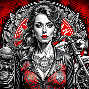 motorcycle bikerlady tattoo design - perfect realistic art - high-definition - grey and black - white background 