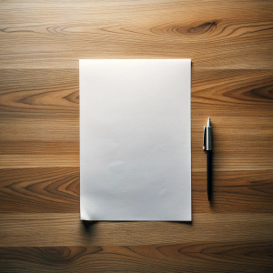 a top-down view of an empty piece of paper on a table. Ensure that the focus is solely on the blank paper, with no other objects or distractions present. Emphasize simplicity and minimalism, capturing the essence of a clean, uncluttered workspace centered around the solitary sheet of paper.