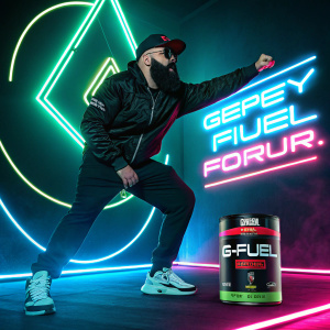 Digital ad featuring Keemstar promoting G FUEL Energy Formula. Bright neon colors and futuristic design elements.