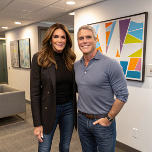 Caitlyn Jenner and Andy Cohen at SiriusXM office. Casual attire, smiling. Modern, sleek office interior with abstract art pieces on walls.