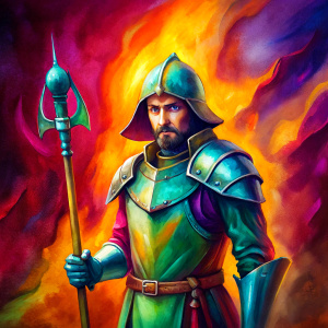 a town guard from dungeons and dragons fantasy wearing a chain mail shirt with a tabard carrying a glaive