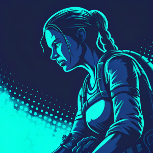 Close-up of Lara Croft from Tomb Raider. Wearing tactical gear. Dark, moody background with faint pixelated effect