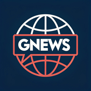 Gnews, bold, modern logo design featuring a stylized globe intersecting with a speech bubble. Dynamic colors and clean lines.