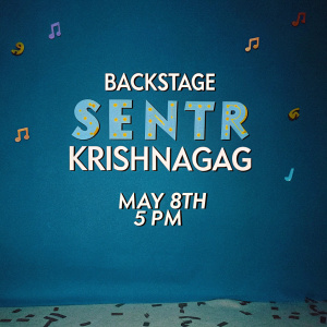 Invitation for 'Backstage Sentr Krishnagāg' musical celebration. Date: May 8th, Time: 5 PM. Bright colors, musical notes, and an inviting tone.