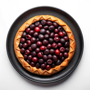 Cherry and Dark Chocolate Crostata, white backgorund, only black plate, Overhead Camera Angle, delicious, gourmet 