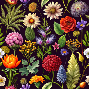 DARK BROWN  background, watercolor image with dark brown   background , oliveWAXFLOWER ,campanula ,POPPY wild lupine , brown ALLIUM,carmine  WILD BERGAMOT , green RATTLESNAKE MASTER, ZINNIA , PARROT TULIP , ivory achillea, physalis , watercolor, dark brown  background