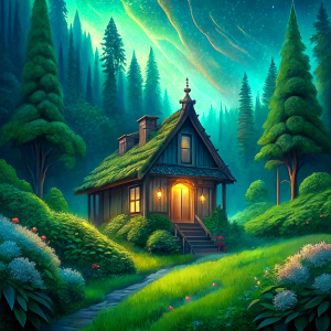 a lush green meadow, a small wooden house with one bedroom and a living room