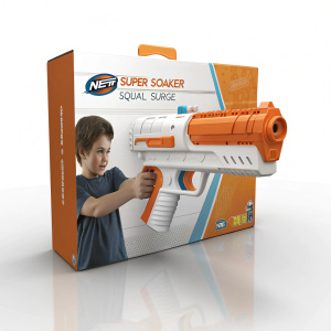 Highly detailed box design for Nerf Super Soaker Squall Surge. Bright orange and white toy visible. Boy's image on box. Caution label included