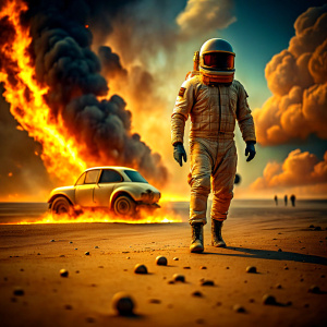 Generate an ultra realistic image on an astronaut wearing his space suit burning from back side, walking on the surface of Mars planet and a car burning beside him. Ultra realistic, highly detailed hyper realism, shot of Sony a7III, photorealism mode, dynamic movement, soft golden light, cascading glow, highlights features, capture the contrast, aesthetic magical realism, Hollywood like dark theme