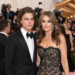 Damian Hurley and Elizabeth Hurley attend the Met Gala. He is dressed in a sleek black tuxedo, she in an elegant, strapless lace dress. The scene is bustling with celebrities and photographers.