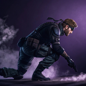 Pixel art rendering of Snake from Metal Gear Solid series. Stealth outfit in shadowy crouch pose against dark purple backdrop. Subtle smoke effects emanating, highlighting action and movement. Dark tones dominate.