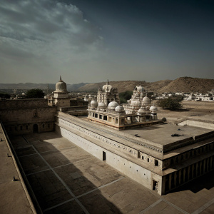 An aerial view of the Sri Raghunath Swamy Temple in Pushkar, Rajasthan, India. The temple complex is filled with multiple structures adorned with intricate carvings and domes. The scene includes the ancient cityscape with its traditional buildings and surrounding hills. The sky is a clear blue.