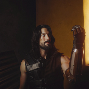 Cyberpunk-themed character inspired by Johnny Silverhand. Dark hair and beard. Futuristic mechanical arm. Black form-fitting vest. Set against a solid neon yellow backdrop.