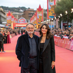 Giulio Violati and Maria Grazia Cucinotta at a bustling outdoor film festival. Crowds cheering, red carpet stretching out