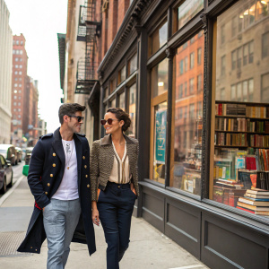 Paula Patton and Julian Fuego Thicke strolling down a bustling city street. They are passing a vintage bookstore with large windows displaying an array of books. The background features a mix of architectural styles and street art.