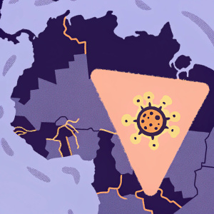 An infographic map highlighting Venezuela. A yellow caution symbol with a virus icon overlaid on the map. Diverse color scheme