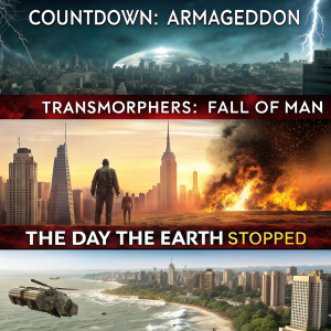 DVD cover featuring 'Countdown: Armageddon', 'Transmorphers: Fall of Man', and 'The Day the Earth Stopped'. Collage includes dramatic scenes of explosions and futuristic landscapes.