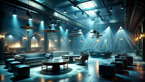 Designer interior design in the club, dark atmosphere, smoky and slightly dirty
