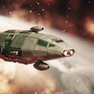 Starbug, the sleek green spaceship from Red Dwarf, floating through the cosmos. Dark space, dotted with distant stars