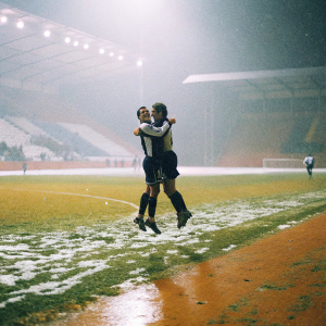 Gerard Moreno Balaguer and Luciano Vietto celebrating a goal on a snowy stadium field.
