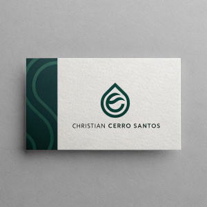 Christian Cerro Santos's business card. Dark green logo, fluid shape. Gray background. Modern font. Social media icons.