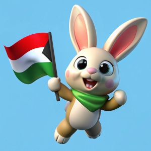 CONEJO TIERNO CORRIENDO CON UNA BANDERA DE PALESTINA EN LA MANO Y KUFIYA EN EL CUELLO