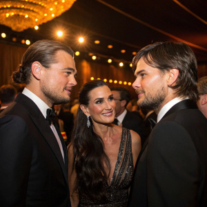Leonardo DiCaprio, Demi Moore, and Ashton Kutcher mingle at a glamorous Hollywood fundraiser. Soft golden lights illuminate the packed room.
