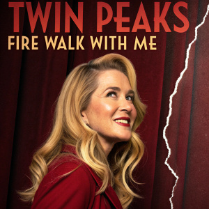 Album cover for Twin Peaks: Fire Walk with Me. Featuring a woman with long blonde hair, warm smile, against a dark red curtain. Jagged edges reveal her face. Text is bold and clear.