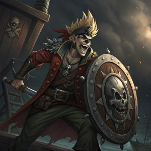 Junkrat from Overwatch, in a fierce pirate costume. Clutching a large skull-adorned shield. Dark, dramatic background.