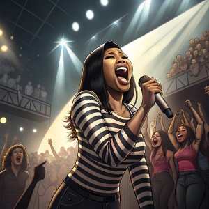 Nicki Minaj performing on stage at the Billboard Music Awards. Striped shirt, singing with mouth wide open.