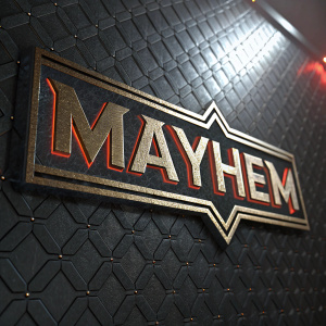 Mayhem logo, an ambigram with metallic texture. Bold font, repeated in various directions on dark, glossy background. Industrial vibe.