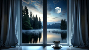 dark night window open curtain, coffee, full moon, still water, forest, dark night, midnight black 