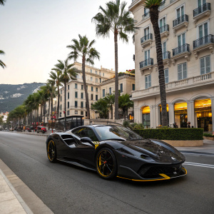 A Ferrari F8 Spider on the streets of Monte Carlo, painted in matte black with yellow highlights on the rims.