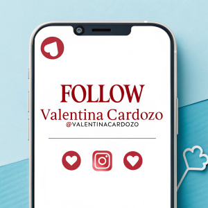 Instagram profile design for Valentina Cardozo. Bold, red font on light blue background with 'Follow' button and handle