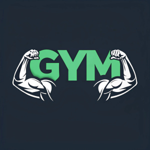 Powerful gym logo featuring muscular arms in a dynamic pose. Dark background with green text.