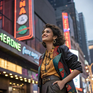 Jean Grace Jenson, a budding fashion sorceress from NIFT in Mumbai, stands in a bustling cityscape. Her portrait, set against a backdrop of neon lights and vibrant fashion billboards, captures her radiant smile and joyful spirit. The article interlaces her journey and deep love for fashion design. The essence is a blend of urban chic and magical allure.