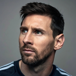 Close-up shot of Lionel Messi. Messi has short black hair and a stubble beard. His eyes are intense. Gray background.